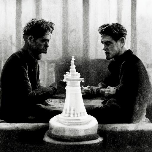 Robert Pattinson and Willem Dafoe playing chess in lighthouse Black and white