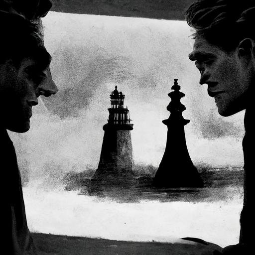 Robert Pattinson and Willem Dafoe playing chess in lighthouse Black and white
