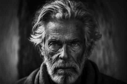 old man red tobagan sadness sorrow weary staring into camera portrait uncropped grey hair  photo realism   HD render  black and white  leica 28mm lens dramatic light   cinematic look   octane render   foggy --ar 3:2 --v 4 --v 4