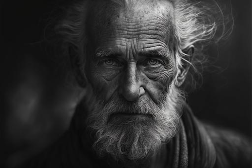 old man red tobagan sadness sorrow weary staring into camera portrait uncropped grey hair  photo realism   HD render  black and white  leica 28mm lens dramatic light   cinematic look   octane render   foggy --ar 3:2 --v 4 --v 4