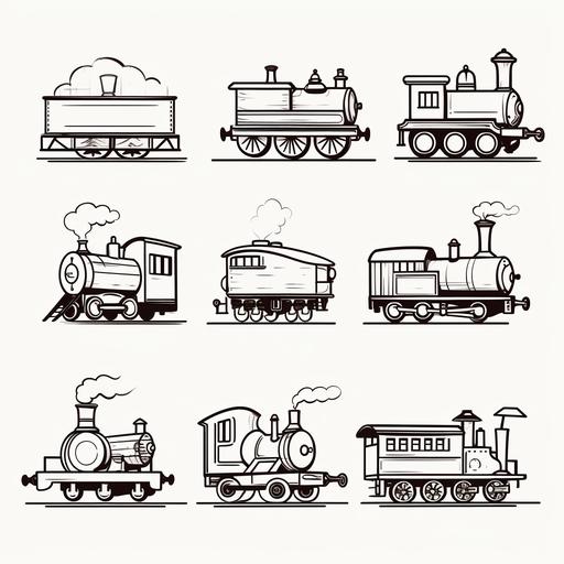 10 simple cartoon trains for kids coloring book, black and white, no fill, no shading, no background, thick lines