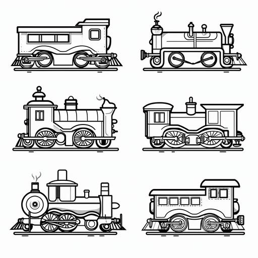 10 simple cartoon trains for kids coloring book, black and white, no fill, no shading, no background, thick lines