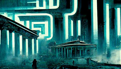 Blade Runner 2029 UI cyan color scheme, computer graphics and symbols, diagrams and x-ray elements, Giant meat vines rib chicken skeleton display surrounded by jesuits inside an Overgrown abandoned, urban exploration, La La Land style kodak gold film movie, neoclassical architecture, urban decay dark library interior, main reading hall, cinematic atmosphere, moody, godrays, glowing fairies, volumetric light --no blur --ar 16:9