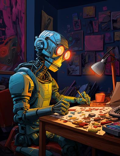 Robot at a drafting table, working, cartoon style, thick lines, low detail, vivid color --ar 85:110
