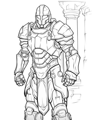 Robot in medieval knight armor, Robot Coloring page, clean and thick line art, less elements, low deatails, white background, High quality --ar 17:22