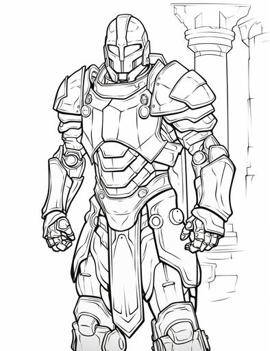 Robot in medieval knight armor, Robot Coloring page, clean and thick line art, less elements, low deatails, white background, High quality --ar 17:22