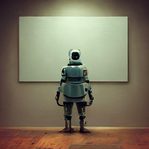 Robot looking at blank canvas, third person perspective --uplight --q 2