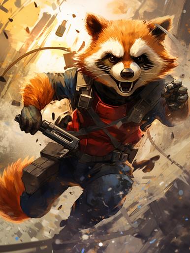 Rocket Red Panda, Marvel comics character, escaping a prison with guns blazing, art by Dan Mora, ultrahd, 32k --ar 3:4 --style raw