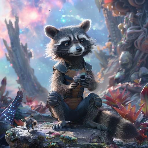 Rocket, the adorable baby raccoon from Guardians of the Galaxy, is situated in a truly fascinating location. His small furry body is a blend of grayish and brown tones, while his eyes sparkle with curiosity and mischief. Sitting on a smooth, rounded stone, he holds a tiny alien contraption in his agile paws. The surrounding scenery is equally enchanting. Exotic plants with vibrant colors create a dazzling visual palette. In the background, uniquely sculpted alien trees rise towards the sky, standing out against a horizon that stretches beyond what the eyes can see. The sky is speckled with twinkling stars and nebulas, forming a celestial backdrop. The air is imbued with a mysterious atmosphere, as the soft sounds of alien creatures echo in the distance. Rocket, with his charming expression, seems to take in every detail of this extraordinary environment. This image captures the simplicity of baby Rocket's beauty in contrast to the grandeur of the fascinating space around him.