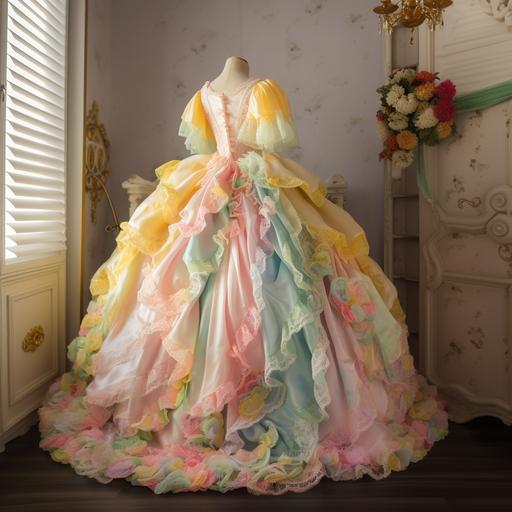 Rococo children's wedding dress, Makaron pink, pink green, pink blue, pink yellow, white clouds, yellow five-star, yellow moon, ruffle, curved skirt, puffy skirt, lovely, many details --v 5