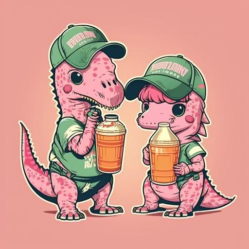 Pareja hembra y macho de dinosaurios bebés en estadio de baseball apoyando a su equipo vestidos con gorra rosa, playera rosa y un vaso de cerveza en la mano de cada uno con una expresión de felicidad porque va ganando su quipo.