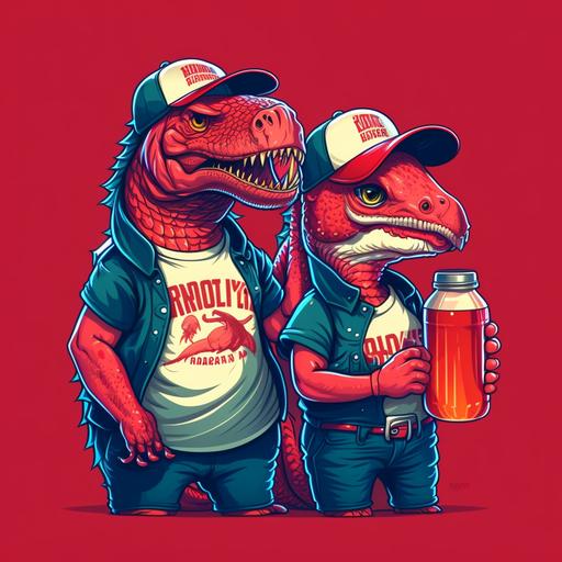 Pareja hembra y macho de dinosaurios bebés en estadio de baseball apoyando a su equipo vestidos con gorra roja, playera ros¿ja y un vaso de cerveza en la mano de cada uno.
