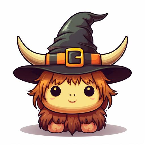 vector kawaii style highlander cow wearing a witch hat on a white background