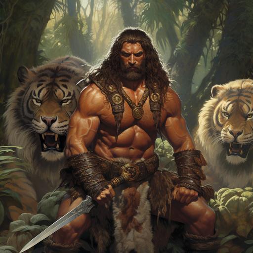 Roleplaying Fantasy character, high quality, high detail, 80s fantasy art, a large muscular tanned barbarian, surrounded by tigers, in the jungle, dark fantasy, Larry Elmore