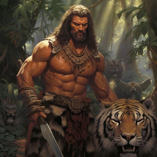 Roleplaying Fantasy character, high quality, high detail, 80s fantasy art, a large muscular tanned barbarian, surrounded by tigers, in the jungle, dark fantasy, Larry Elmore