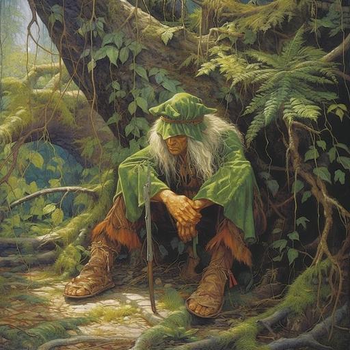 Roleplaying Fantasy character, high quality, high detail, 80s fantasy art, a man hiding in the forest with a green bycocket hat, long bushy green hair, geta sandals, green clothes, Larry Elmore