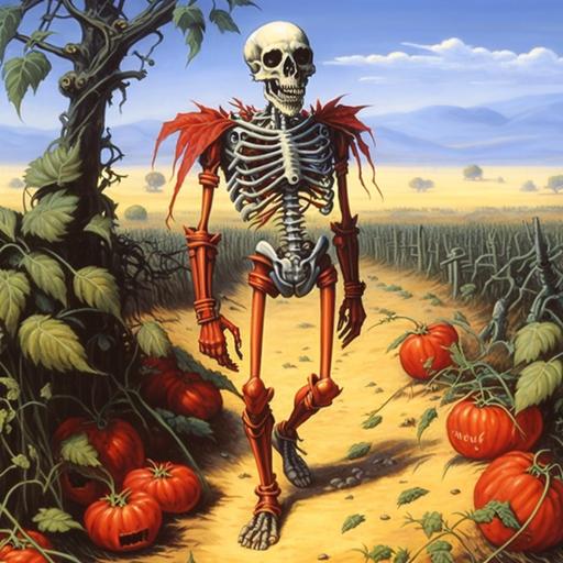 Roleplaying Fantasy character, high quality, high detail, a skeleton on the ground in a tomato pach, on a farm, Larry Elmore