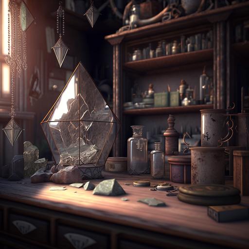 Abandoned antique shop, dusty shelves lined with crystals and various artifacts, some of them broken. In the foreground is a table with small scales on it. 3d model, 4k. --s 250