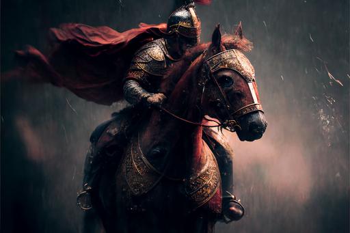 Roman centurion riding a horse between snowy mountains, roman centurion helmet, gold details, raining day, beautiful cinematic scene, documentary photography, rich colors :: ilustration :: 4k, --v 4 --ar 3:2