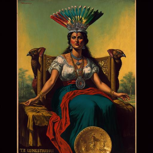 Romani queen sit on a peacock throne, surrounded by mauritius flags, using a crown of peacock feathers and iron horns, peacock colors, romani clothes, 1960, spaghetti western movie poster