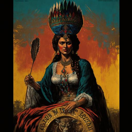 Romani queen sit on a peacock throne, surrounded by mauritius flags, using a crown of peacock feathers and iron horns, peacock colors, romani clothes, 1960, spaghetti western movie poster