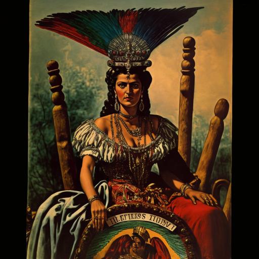 Romani queen sit on a peacock throne, surrounded by mauritius flags, using a crown of peacock feathers and iron horns, peacock colors, romani clothes, 1960, spaghetti western movie poster