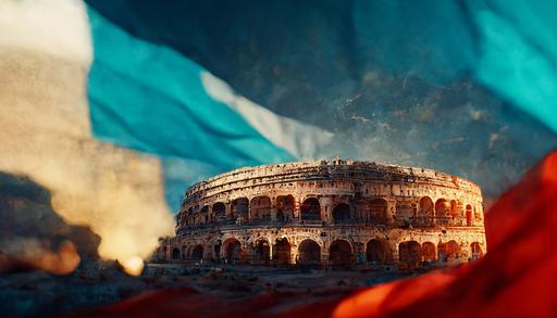 Rome colosseum with Italy Flag, Italy, photorealistic, ultrarealistic, tropical, cinematic lighting, octane render --ar 16:9