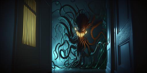 Tentacles shaped like a demon creature rising out of the water crawling out of the shadow A large mass of shadowy tentacles growing out from the demons back spreading on walls and floor, shaped like under water reeds, coming out of a dark closet in a kids bedroom environment, cinematic lighting, dark mood, unreal engine, octane render, redshift, photorealistic, 8k, hyperrealism, --ar 2:1