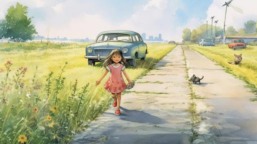 little girl walking a long the highway, with a lot of car driving by. one is stopping and the passendger sides door is open. its sping, the sun is shining and the ditch is gren and full off mark flowers, the liitle girl have a little bear in one hand and the falg of Debnarj on the other hand, high detail, 4k, photography, realistic, hyper realism, true colors, hyper realism, high detail, 4k --ar 16:9 --q 2 --v 5.1