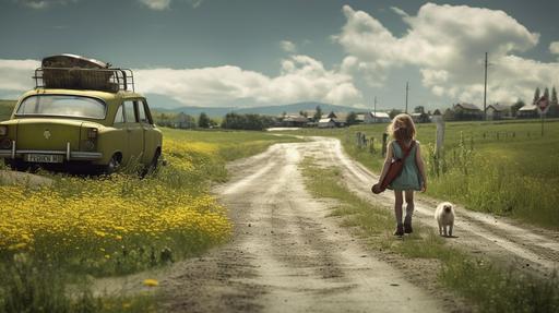 little girl walking a long the highway, with a lot of car driving by. one is stopping and the passendger sides door is open. its sping, the sun is shining and the ditch is gren and full off mark flowers, the liitle girl have a little bear in one hand and the falg of Debnarj on the other hand, high detail, 4k, photography, realistic, hyper realism, true colors, hyper realism, high detail, 4k --ar 16:9 --q 2 --v 5.1