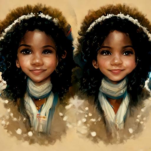 hyper detailed, two beautiful black little girls, beautiful brown eyes, in realistic snow, realistic curly afro puff ponytails, wearing winter coats, drinking hot cocoa, christmas town background, well rendered, centered, intricate extremely detailed, fantasy intricate elegant portrait, detailed face coherent face highly detailed digital painting, in the style of charles bowater and karol bak1/private