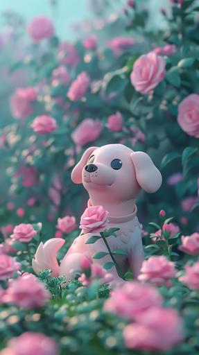 Roses are safe for dogs, cute isometric Dog plush emoji, soft smooth lighting, rose garden background, Roses, 3D clay style, cake icing effect, Rendered in cinema 4D style, A vivid picture, Exquisite luster, Surreal 3D landscapes, Fantastic visuals, Bright colors, Animated lighting, Ray tracing, minimalist design, high saturation, high-quality 8k, c4d, OC renderer --ar 9:16