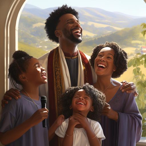 hyper realistic ultra realistic happy black family singing facing camera 1 dad and 1 mom and children all wearing holy, modest, royal, tunic attire stand in home with wall behind them and with a large widow behind them that shows the view of outside with outside the window showingnature trees sunny bright vineyard