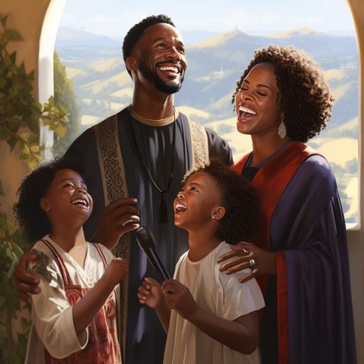 hyper realistic ultra realistic happy black family singing facing camera 1 dad and 1 mom and children all wearing holy, modest, royal, tunic attire stand in home with wall behind them and with a large widow behind them that shows the view of outside with outside the window showingnature trees sunny bright vineyard