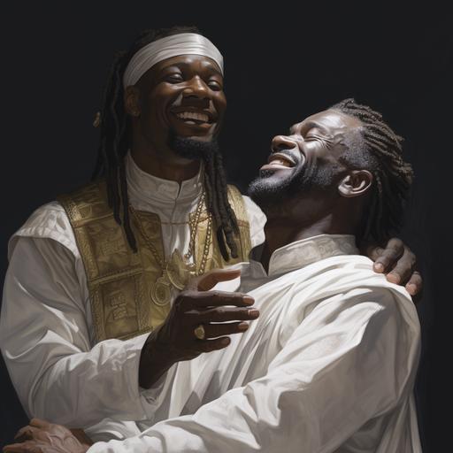 hyper realistic ultra-realistic happy old black man with dread locs wearing all white modest, nobel, holy, royal tunic putting both his hands on the head of a happy black man who is blinded wearing a modest, holy, royal, nobel roman soldier outfit