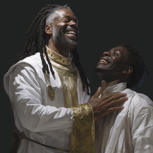 hyper realistic ultra-realistic happy old black man with dread locs wearing all white modest, nobel, holy, royal tunic putting both his hands on the head of a happy black man who is blinded wearing a modest, holy, royal, nobel roman soldier outfit