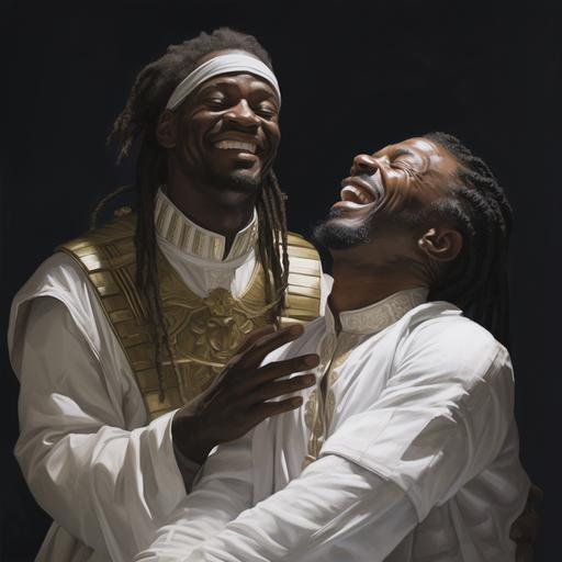 hyper realistic ultra-realistic happy old black man with dread locs wearing all white modest, nobel, holy, royal tunic putting both his hands on the head of a happy black man who is blinded wearing a modest, holy, royal, nobel roman soldier outfit