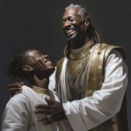 hyper realistic ultra-realistic happy old black man with dread locs wearing all white modest, nobel, holy, royal tunic putting both his hands on the head of a happy black man who is blinded wearing a modest, holy, royal, nobel roman soldier outfit