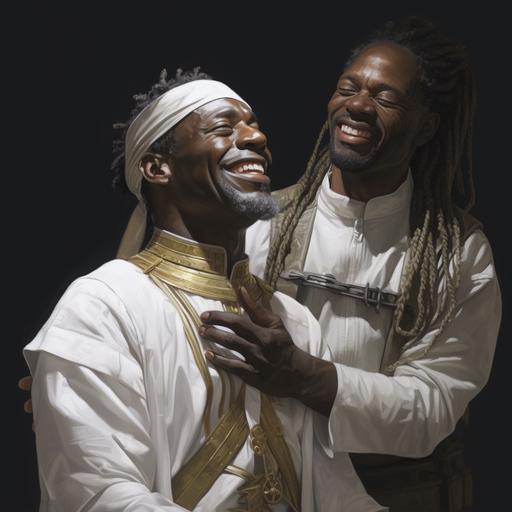 hyper realistic ultra-realistic happy old black man with dread locs wearing all white modest, nobel, holy, royal tunic putting both his hands on the head of a happy black man who is blinded wearing a modest, holy, royal, nobel roman soldier outfit