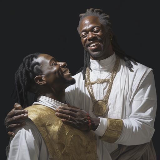 hyper realistic ultra-realistic happy old black man with dread locs wearing all white modest, nobel, holy, royal tunic putting both his hands on the head of a happy black man who is blinded wearing a modest, holy, royal, nobel roman soldier outfit