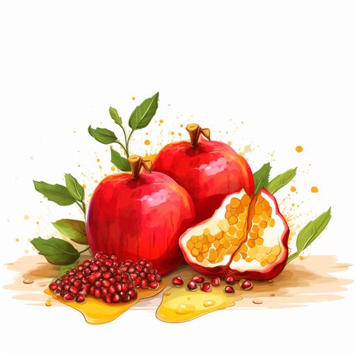 Rosh Hashanah , Jewish new year, 2D vector, minimalism, postcard, honey, apples, pomegranate, white background, scetch, hd