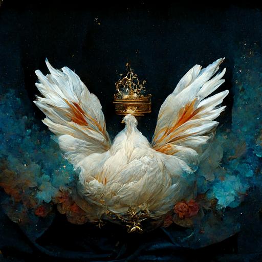 Ross Hen with white feathers and wings spread wide crowned with a holy Vatican crown on her head hovering in atmospheric soft blue and peach sky in heaven with tiny city of Jerusalem below and small white casket