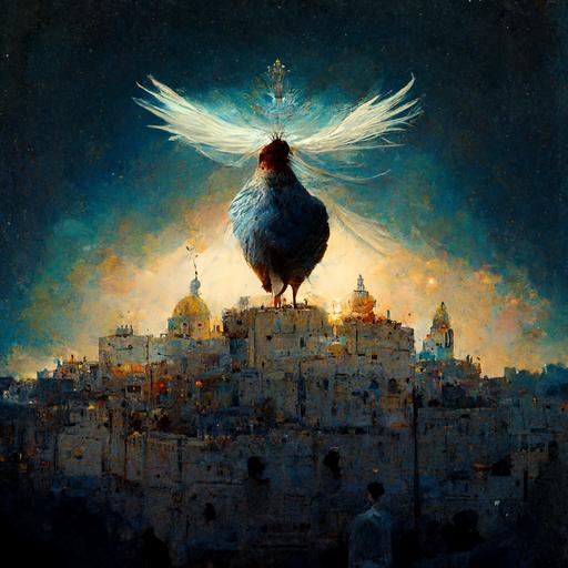 Ross Hen with white feathers and wings spread wide crowned with a holy Vatican crown on her head hovering in atmospheric soft blue and peach sky in heaven with tiny city of Jerusalem below and small white casket