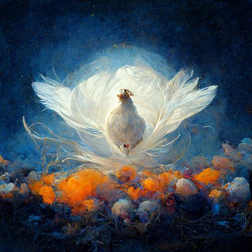Ross Hen with white wings spread around her chicks below her atop a white small white casket surrounded by heavenly atmospheric blue and peach sky
