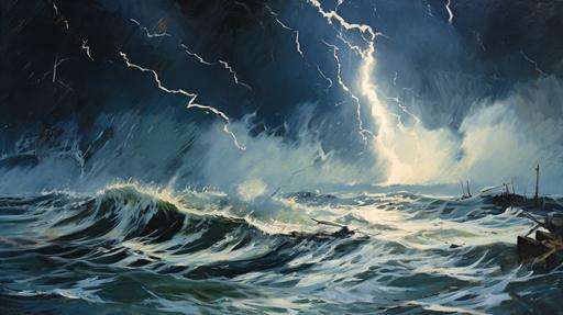 Rough gouache painting of a lightning storm at sea, visible brush strokes, thick layers of paint, high painterliness --ar 16:9
