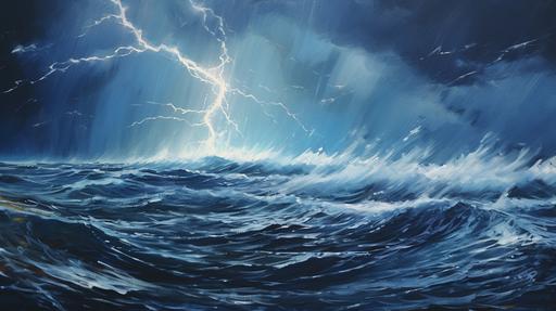 Rough gouache painting of a lightning storm at sea, visible brush strokes --ar 16:9