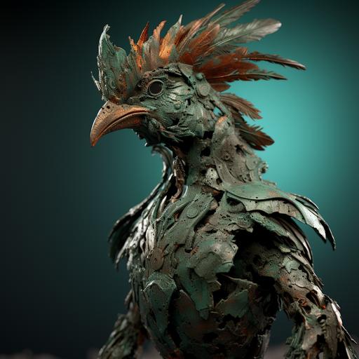 Rough metal verdigris:: Rough metal metaphorical chicken, corrosion, verdigris, rough metal edges, otherworldly, terrifying, the chicken samurai has come home to roost. Flying. Hyperrealism. Photorealistic. High-speed photography. Frozen action shot. Cinematic lighting. UHD