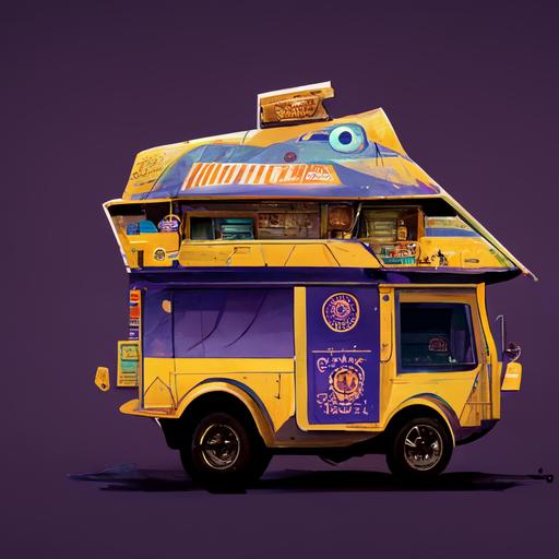 https:// a concept art of a south american foodtruck from trollhunters movie, render look mix of pixar animation and Alberto Mielgo style with flat colors but grain textures rich palette of yellow purple and blue, inside there is a criminal band of cartoon characters organising a heist to a super important Bank