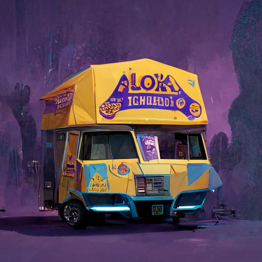 https:// a concept art of a south american foodtruck from trollhunters movie, render look mix of pixar animation and Alberto Mielgo style with flat colors but grain textures rich palette of yellow purple and blue, inside there is a criminal band of cartoon characters organising a heist to a super important Bank