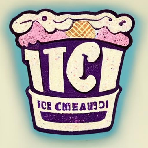https:// a logo of a truck that sells ice cream with smooth font that looks like a graffiti in lot of colours but with predominance of purple, pink, blue and white and black, really kind an infantil ambience, you see the letters on top of a flat background, there is small cartoon characters from cuphead or 20s annoncing the ice cream, and a rainbow on top of the letters